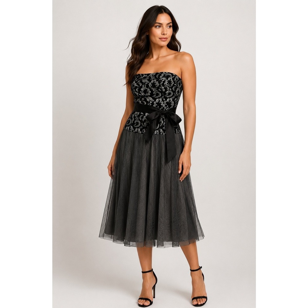 Yvonne LaFleur New Orleans Vintage Strapless Lace Midi Dress Black Silver XS